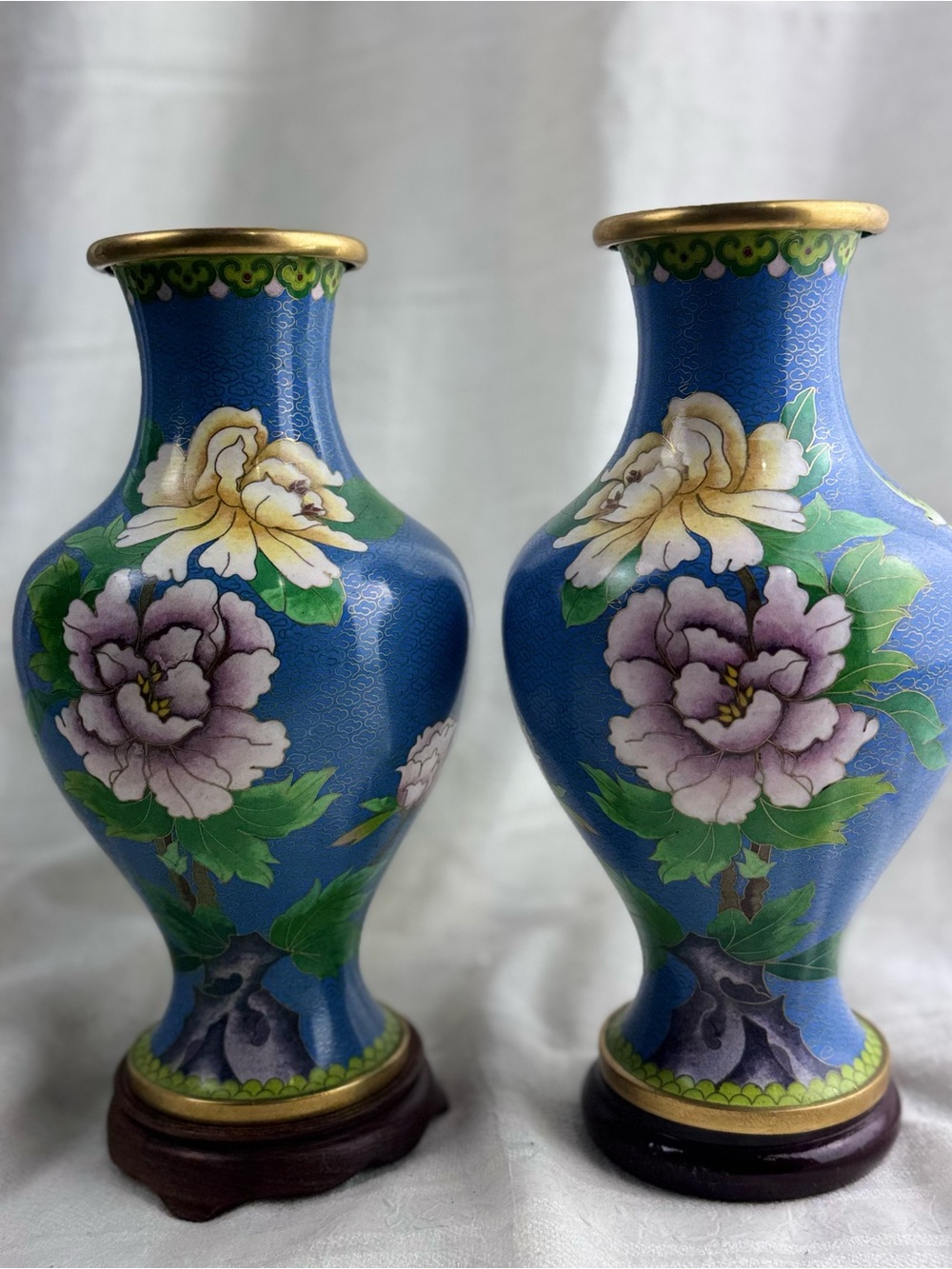 Pair Of Vintage Chinoiserie Chinese 10.5” Cloisonné Enamel Vase